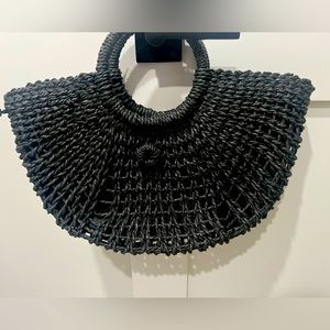 Woven straw handbag.  Black natural boho vacation medium tote.